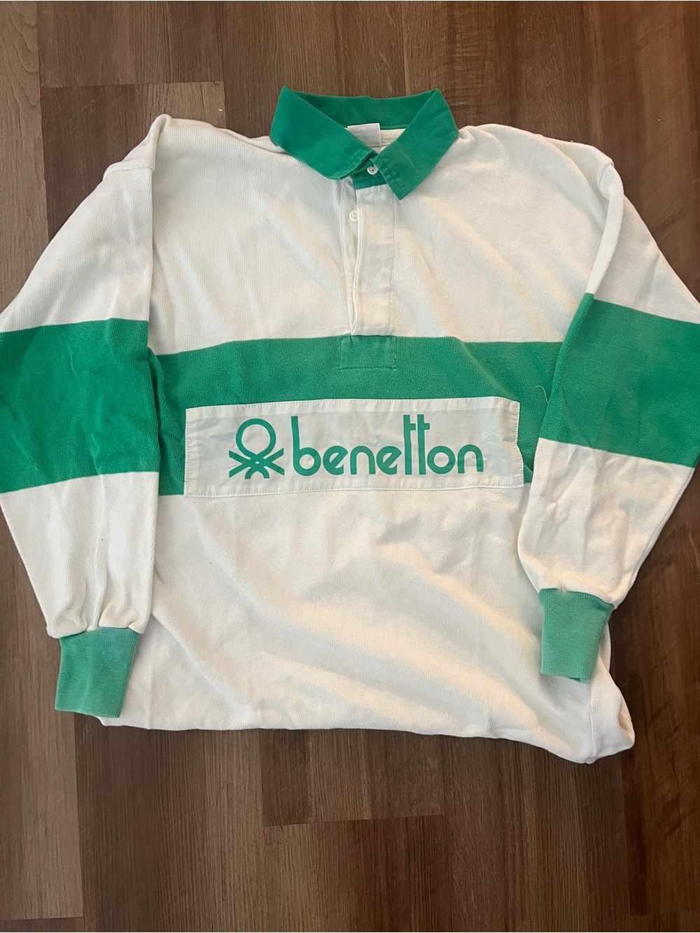 Vintage 1980's United Colors Of Benetton White and Green Long-Sleeve Rugby Shirt